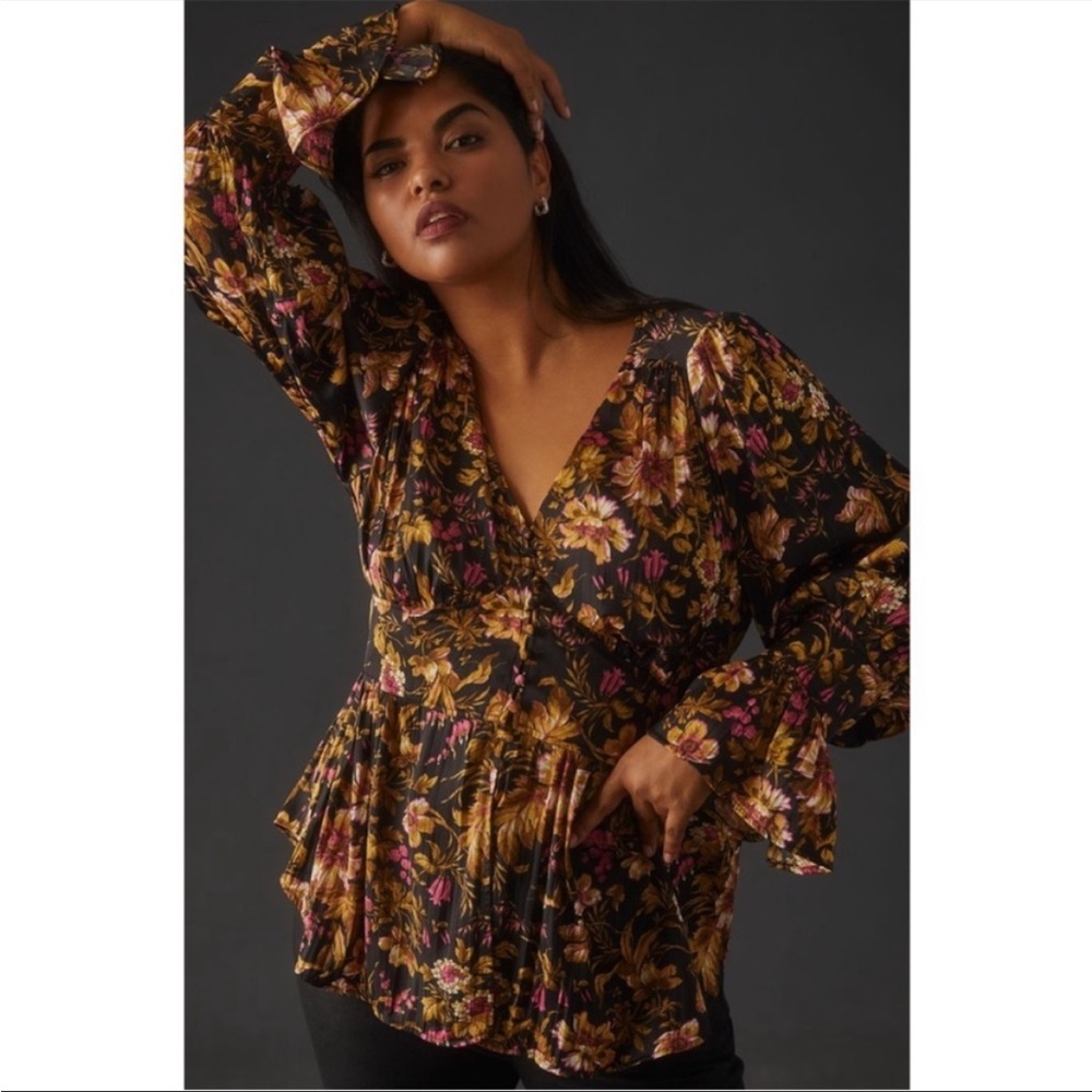 ANTHROPOLOGIE Button Front Deep V-neck Tunic Floral Blouse Top Black NWT